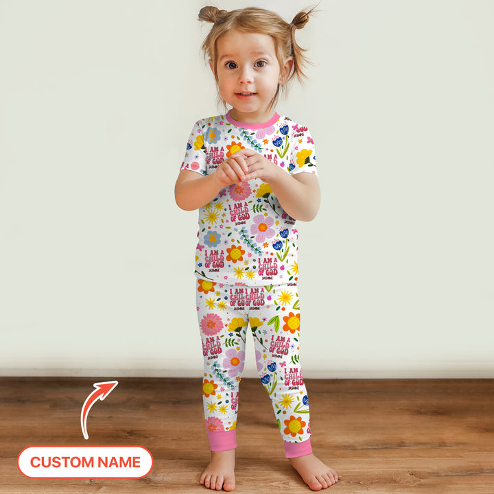 I Am A Child Of God Custom Name Girl Two Piece Short Sleeve Pajama Set