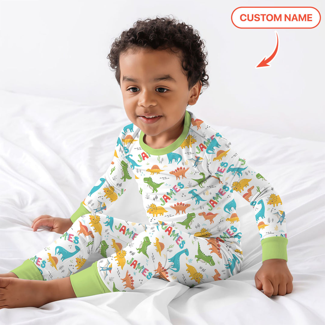 Dino Adventure Custom Name Two Piece Long Sleeve Pajama Set