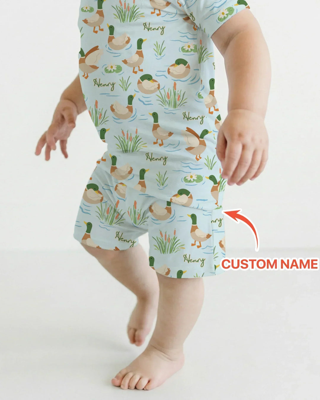Conjunto de pijama de dos piezas de bambú de manga corta con pantalón corto y pato Mallard personalizado