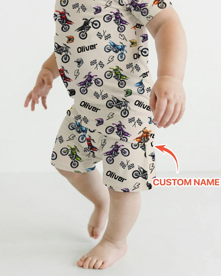Custom Name Little Dirt Bike Rider Bamboo Two Piece Short Sleeve Shorts Pajama Set