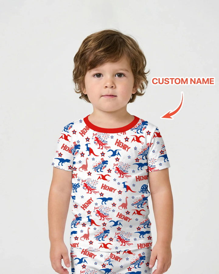 Custom Name Patriotic Dinosaur Bamboo Two Piece Short Sleeve Shorts Pajama Set