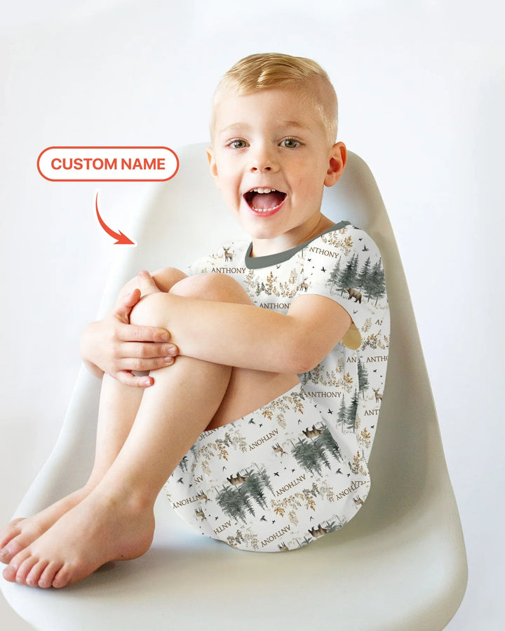 Conjunto de pijama de dos piezas con pantalones cortos y manga corta, oso de bosque, ciervo, bambú, nombre personalizado