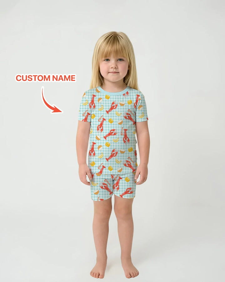 Pijama de dos piezas de bambú con nombre personalizado, diseño de cangrejo preppy, de manga corta y pantalones cortos