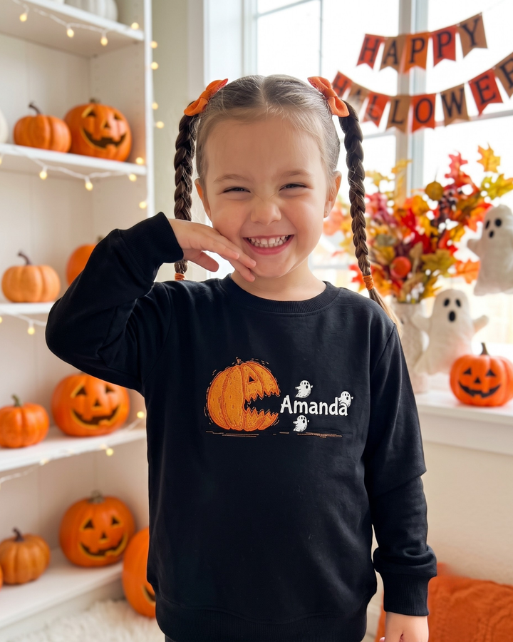 Custom Name Scary Pumpkin Embroidered Bamboo Crewneck Sweatshirt