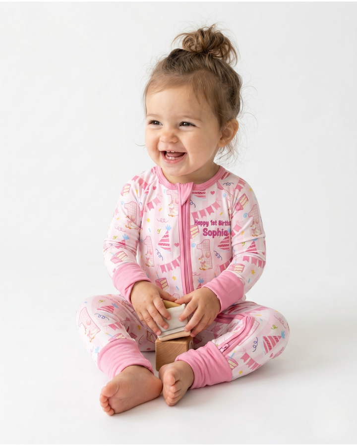 1st Birthday Girl Embroidered Baby Bamboo Convertible Zippy