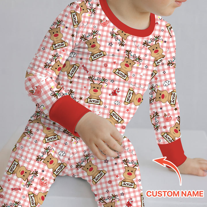 Custom Name Reindeer Gingham Two Piece Long Sleeve Pajama Set