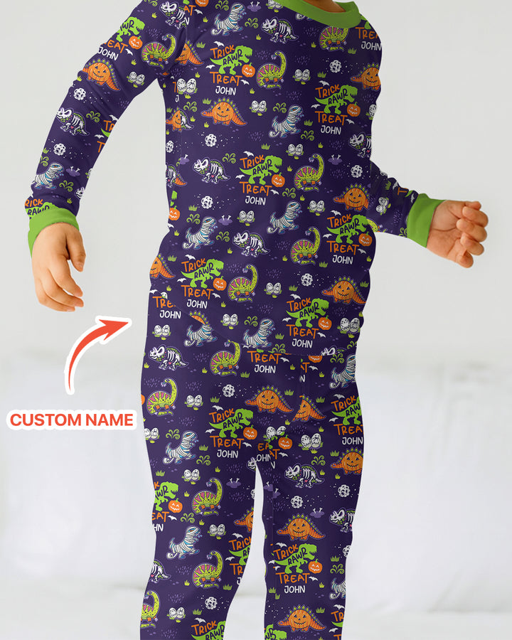 Trick Rawr Treat Custom Name Two Piece Long Sleeve Pajama Set