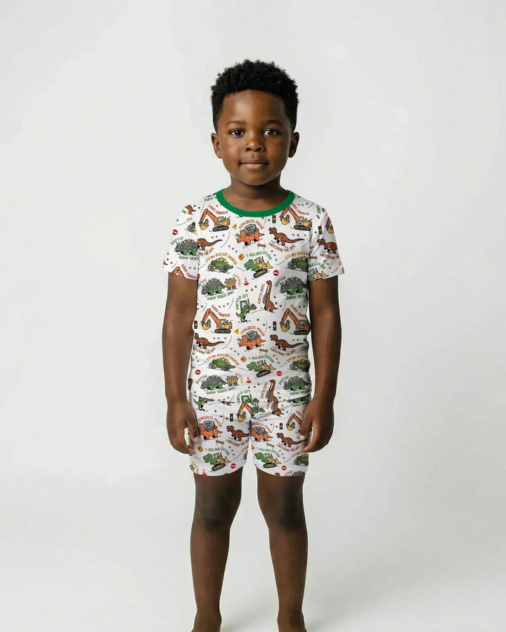 Conjunto de pijama de dos piezas de bambú con camión de construcción de dinosaurios, camiseta de manga corta y pantalón corto