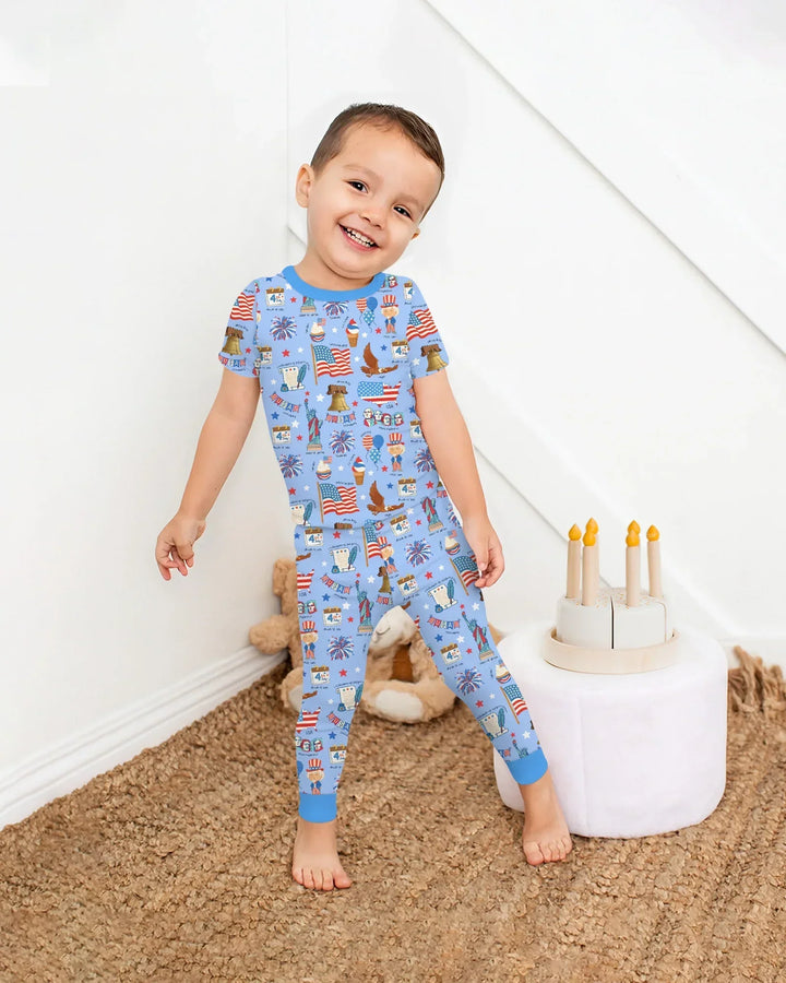 Hand Drawn Patriotic Iconic Bamboo Two Piece Short Sleeve Pajama Set