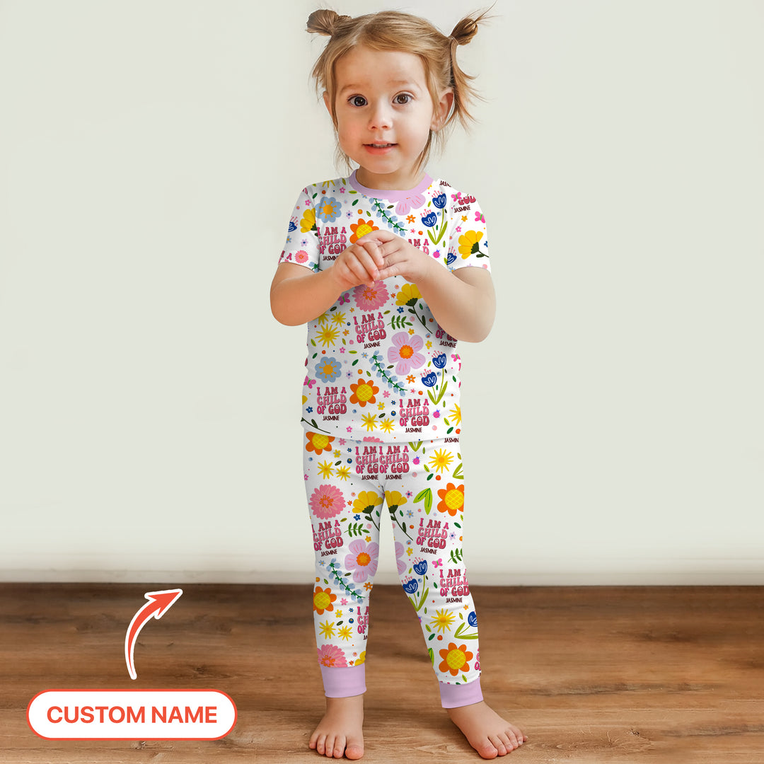 I Am A Child Of God Custom Name Girl Two Piece Short Sleeve Pajama Set