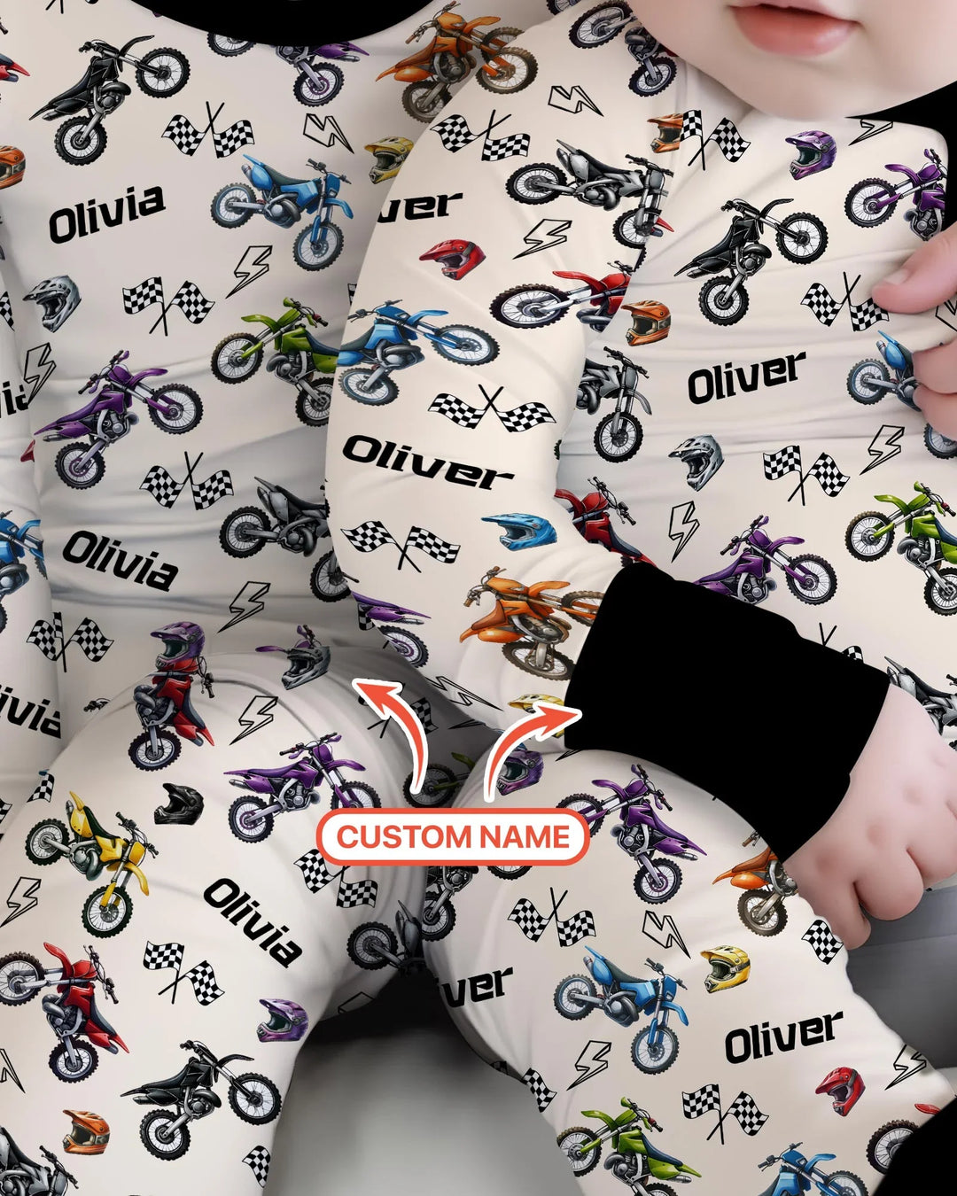 Pijama convertible de bambú con cremallera Little Dirt Bike Rider con nombre personalizado