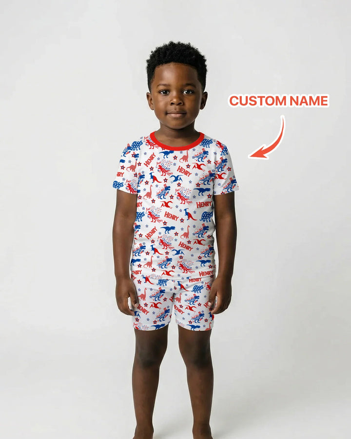 Custom Name Patriotic Dinosaur Bamboo Two Piece Short Sleeve Shorts Pajama Set