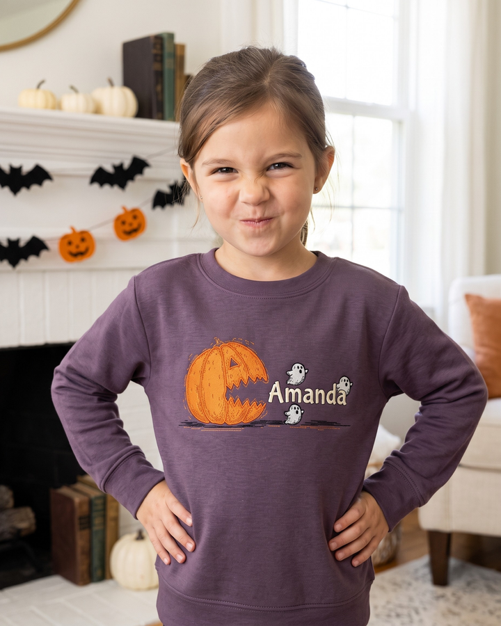Custom Name Scary Pumpkin Embroidered Bamboo Crewneck Sweatshirt