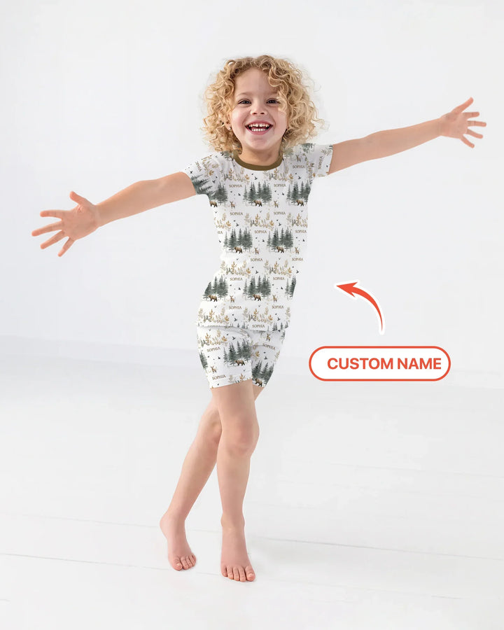 Conjunto de pijama de dos piezas con pantalones cortos y manga corta, oso de bosque, ciervo, bambú, nombre personalizado