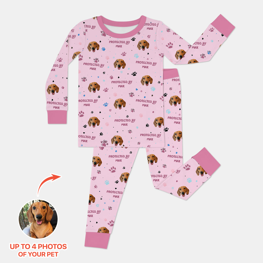 Custom Dog Photos "Protected By" Pawfect Yellow Two Piece Long Sleeve Pajama Set