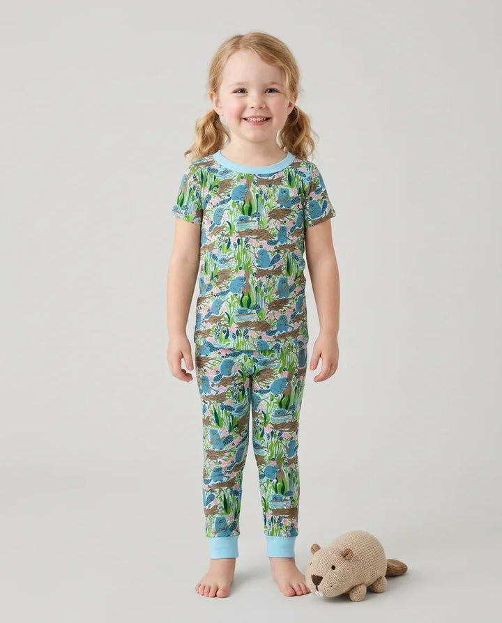 Pijama de dos piezas de manga corta de bambú para pequeños constructores de presas
