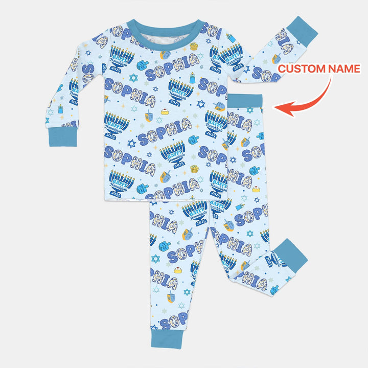 Custom name Happy Hanukkah 2025 Two Piece Long Sleeve Pajama Set