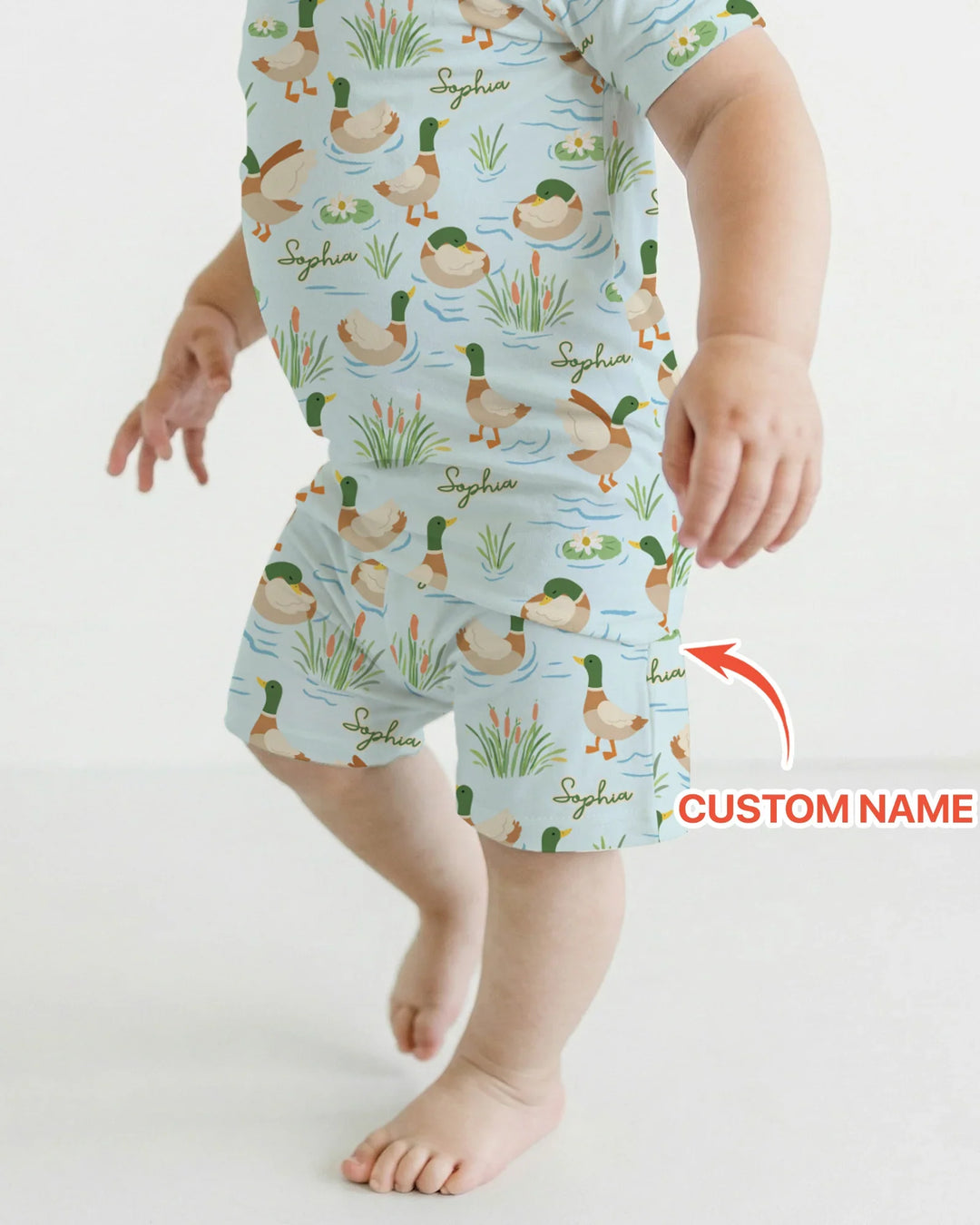 Conjunto de pijama de dos piezas de bambú de manga corta con pantalón corto y pato Mallard personalizado