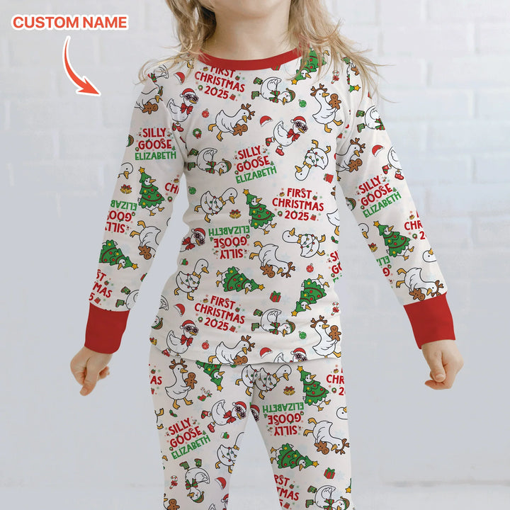 Custom Name "Silly Goose" Two Piece Long Sleeve Pajama Set (Red) , Custom Name "Silly Goose" Two Piece Long Sleeve Pajama Set (Red) - 12-18M
