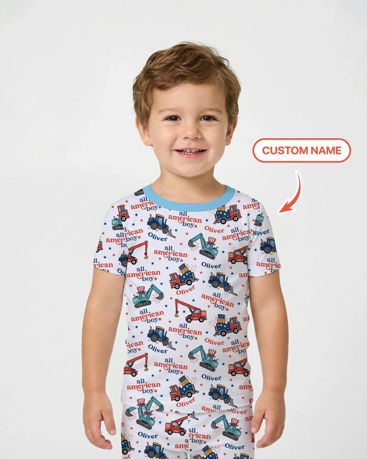 Custom Name All-American Boy Bamboo Two Piece Short Sleeve Pajama Set