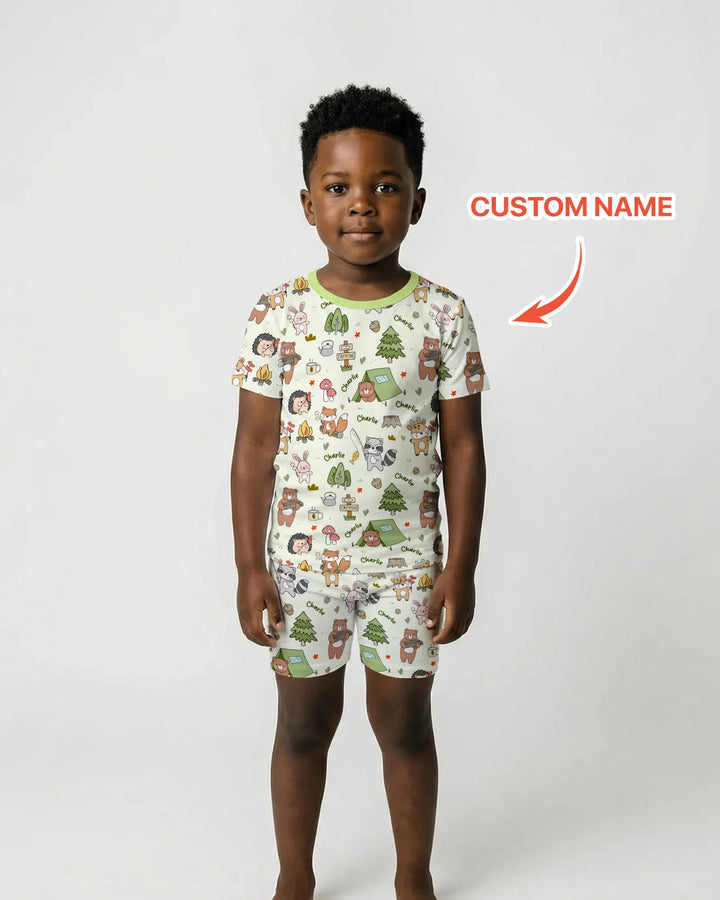 Custom Name Little Camp Buddies Bamboo Two Piece Short Sleeve Shorts Pajama Set