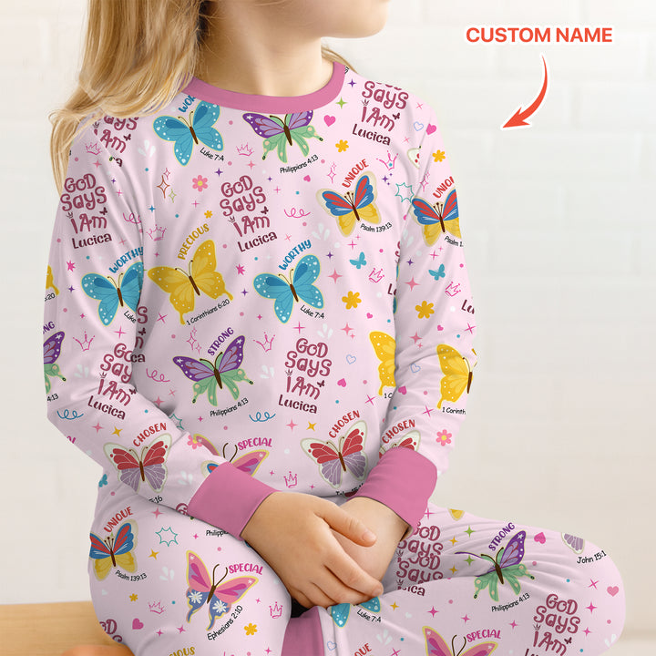 God Says I Am Custom Name Girl Version Two Piece Long Sleeve Pajama Set