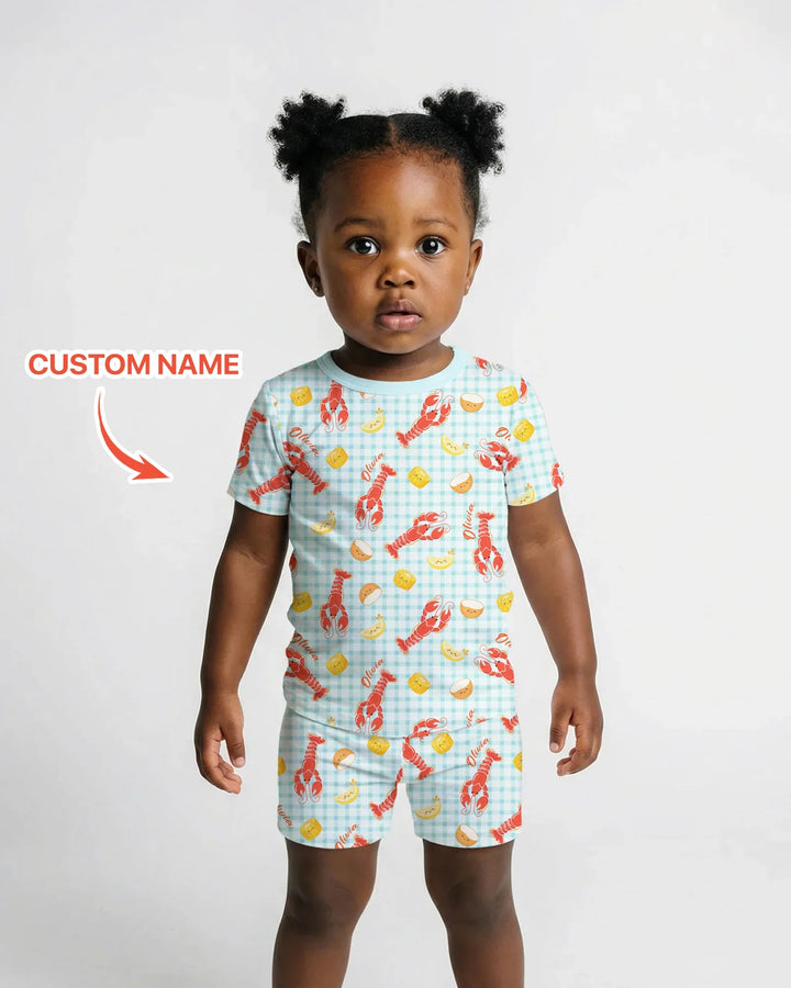 Pijama de dos piezas de bambú con nombre personalizado, diseño de cangrejo preppy, de manga corta y pantalones cortos