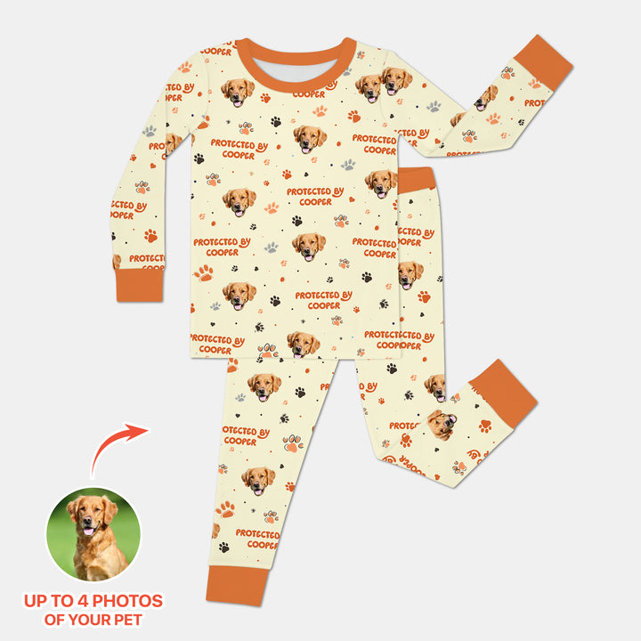 Custom Dog Photos "Protected By" Pawfect Yellow Two Piece Long Sleeve Pajama Set