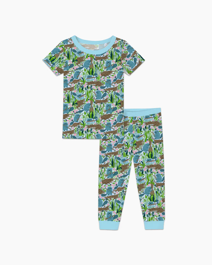 Pijama de dos piezas de manga corta de bambú para pequeños constructores de presas