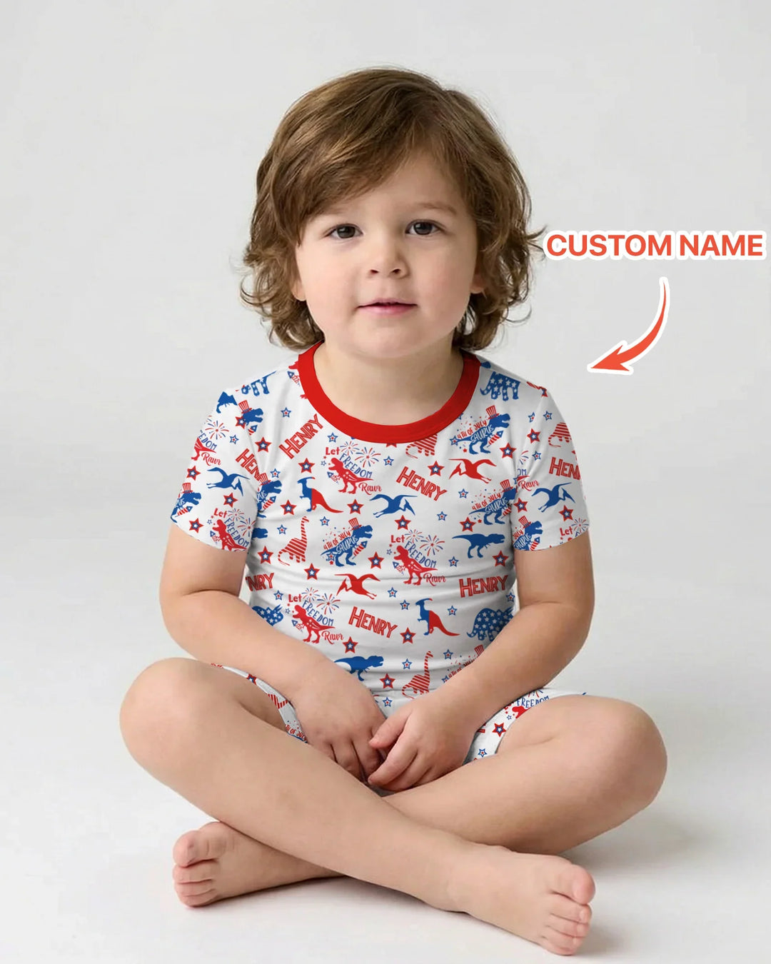 Custom Name Patriotic Dinosaur Bamboo Two Piece Short Sleeve Shorts Pajama Set