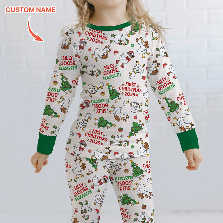 Custom Name "Silly Goose" Two Piece Long Sleeve Pajama Set (Green) , Custom Name "Silly Goose" Two Piece Long Sleeve Pajama Set (Green) - 12-18M