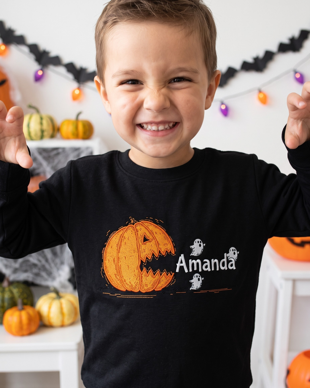Custom Name Scary Pumpkin Embroidered Bamboo Crewneck Sweatshirt