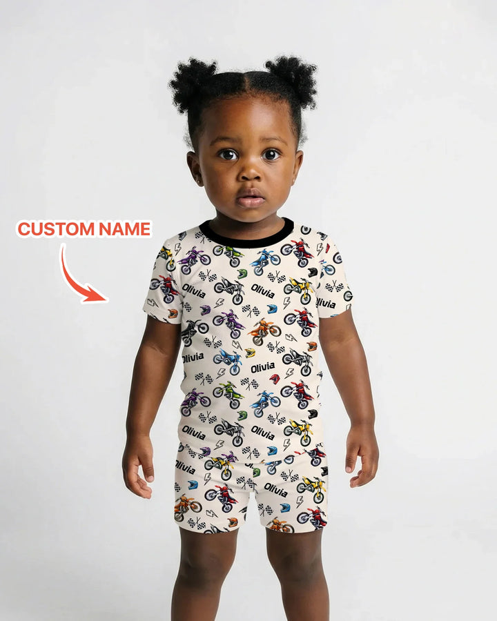 Custom Name Little Dirt Bike Rider Bamboo Two Piece Short Sleeve Shorts Pajama Set