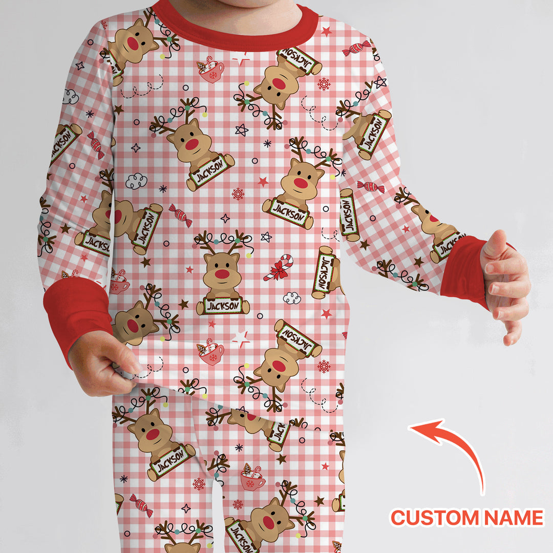Custom Name Reindeer Gingham Two Piece Long Sleeve Pajama Set