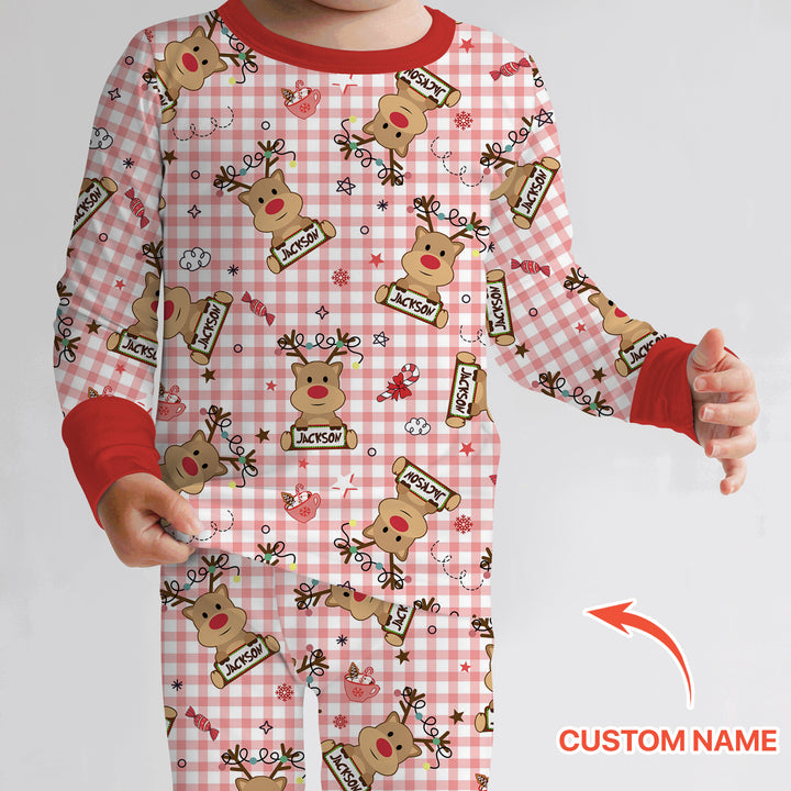 Custom Name Reindeer Gingham Two Piece Long Sleeve Pajama Set