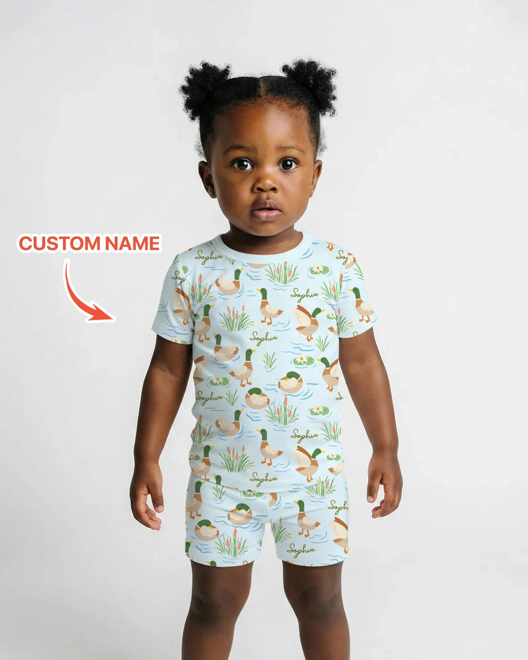 Conjunto de pijama de dos piezas de bambú de manga corta con pantalón corto y pato Mallard personalizado
