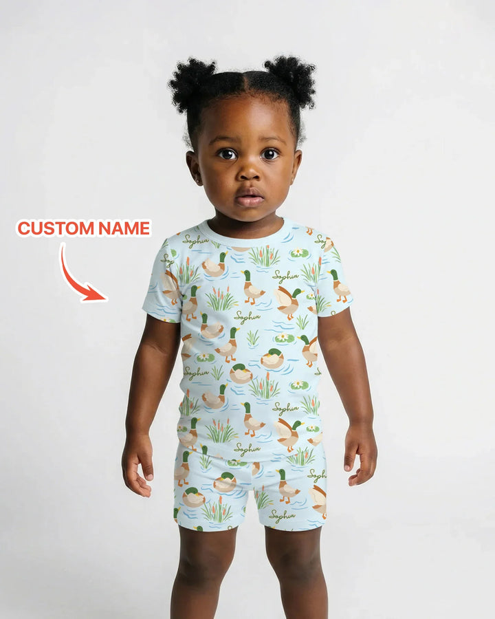 Conjunto de pijama de dos piezas de bambú de manga corta con pantalón corto y pato Mallard personalizado