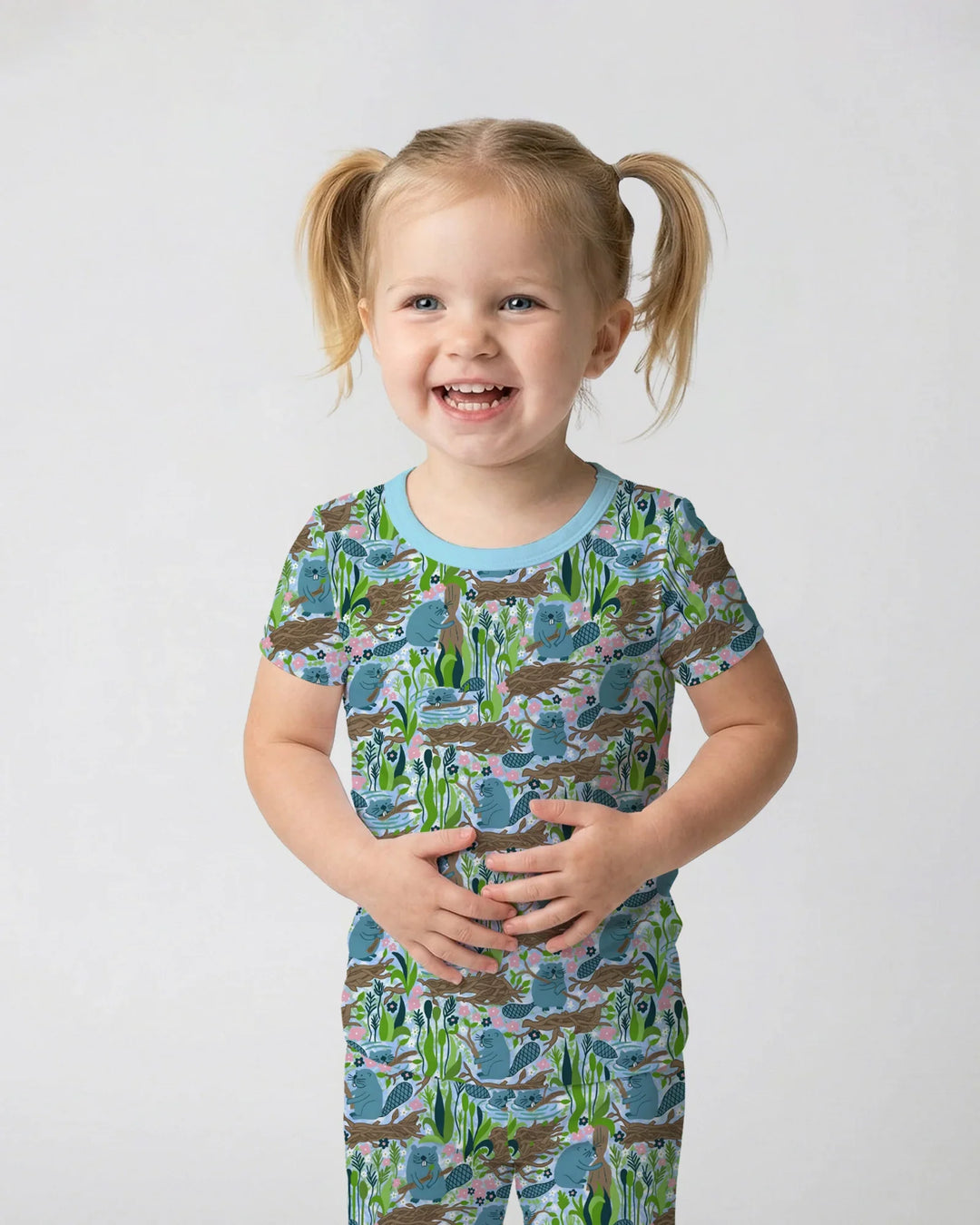 Pijama de dos piezas de manga corta de bambú para pequeños constructores de presas