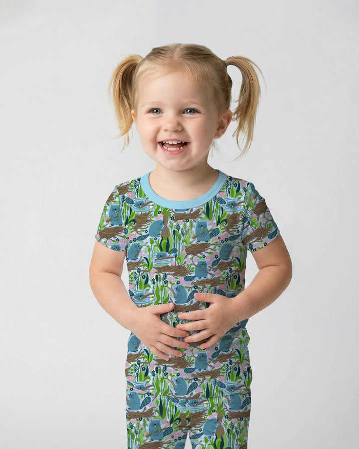 Pijama de dos piezas de manga corta de bambú para pequeños constructores de presas