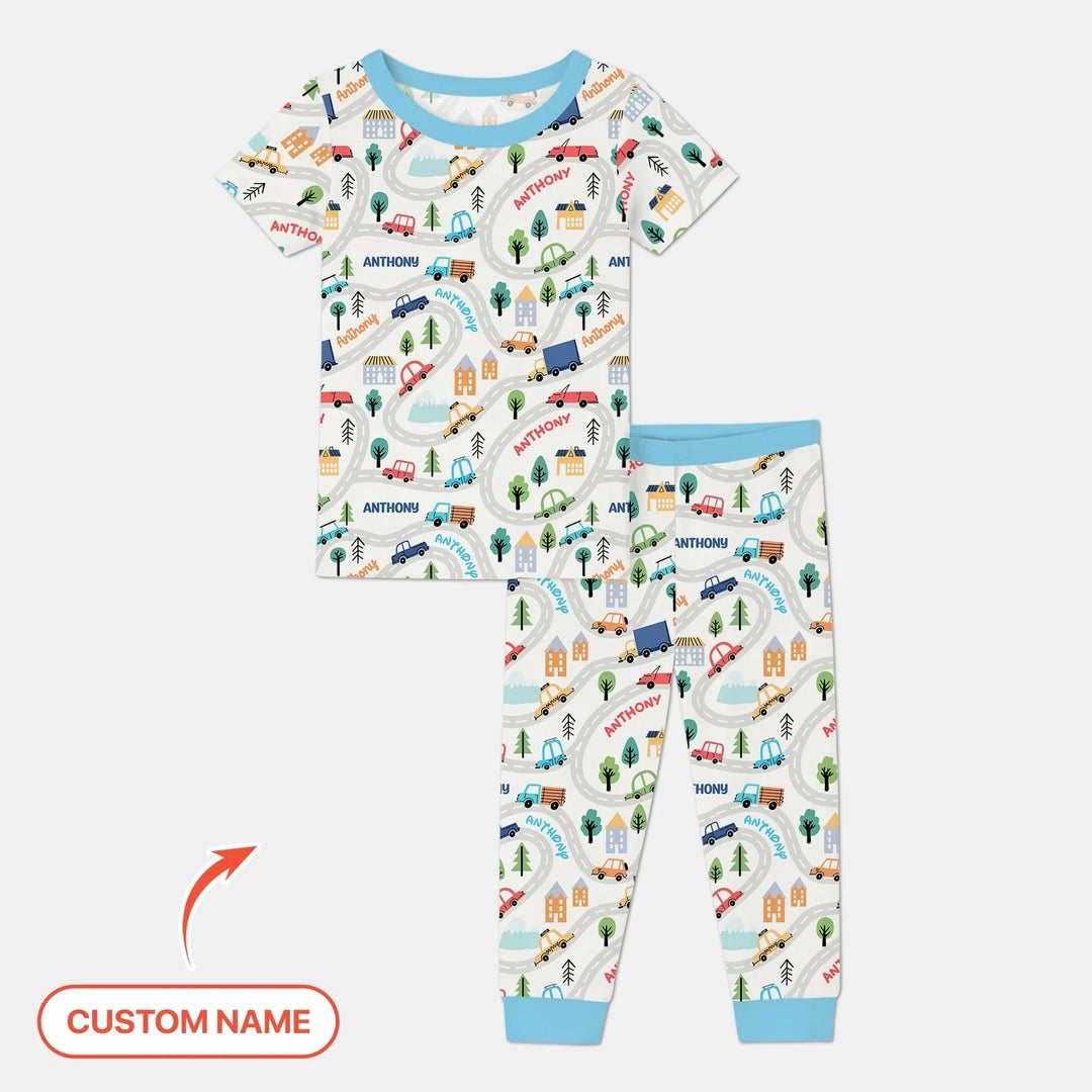 Custom Name Road Map Two Piece Short Sleeve Pajama Set