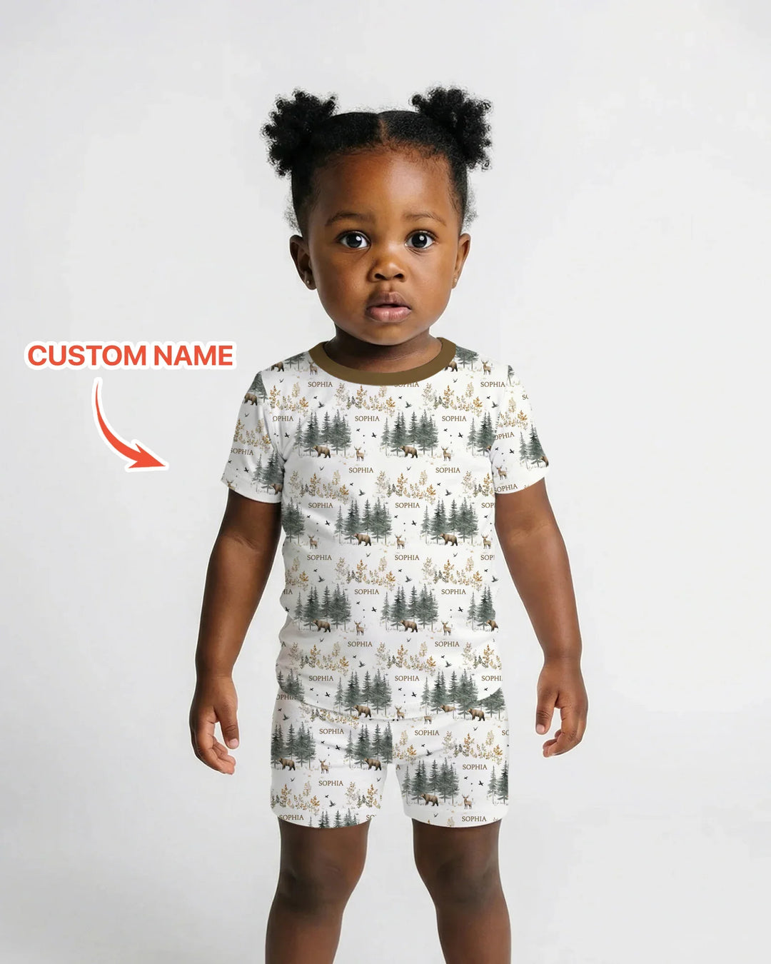 Conjunto de pijama de dos piezas con pantalones cortos y manga corta, oso de bosque, ciervo, bambú, nombre personalizado