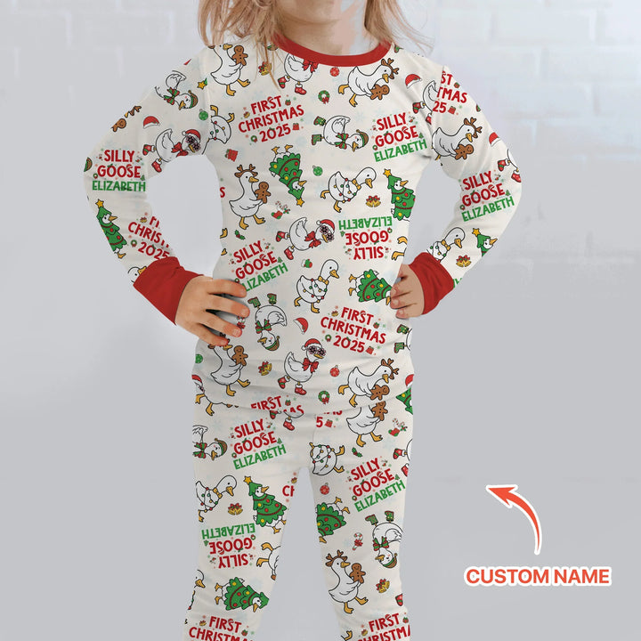 Custom Name "Silly Goose" Two Piece Long Sleeve Pajama Set (Red) , Custom Name "Silly Goose" Two Piece Long Sleeve Pajama Set (Red) - 12-18M