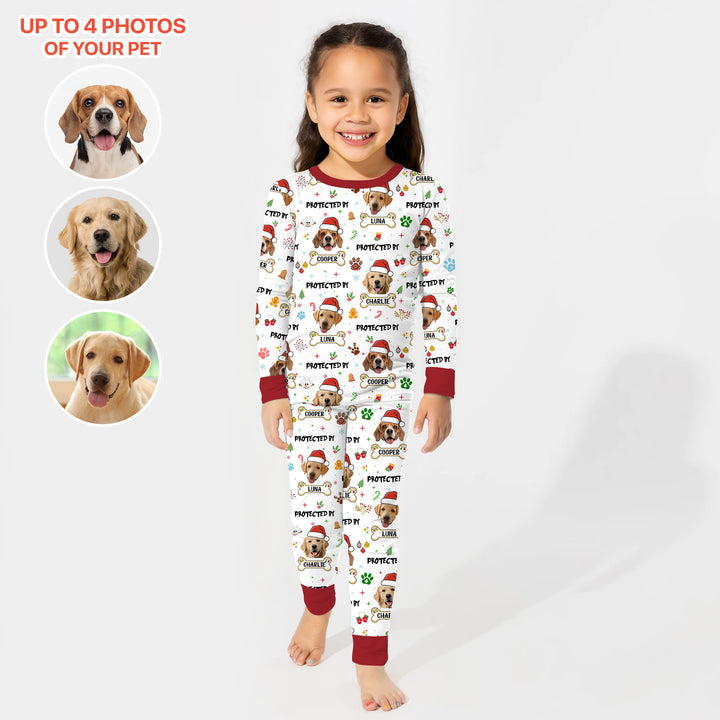 Custom Dog Photo "Protected By" Christmas Two Piece Long Sleeve Pajama Set