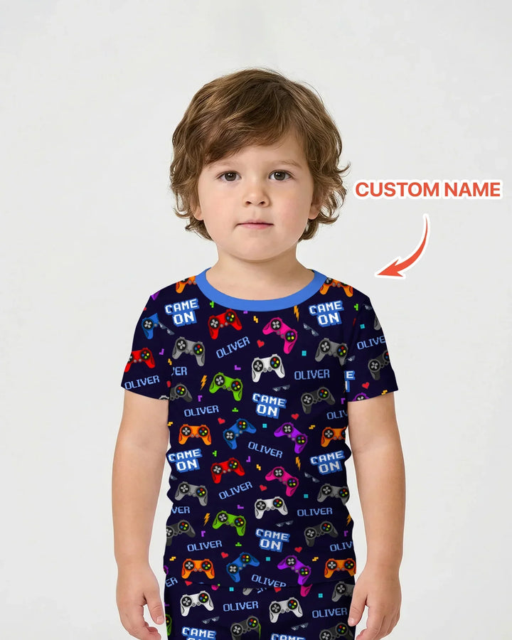 Custom Name Game On Family Matching Bamboo Two Piece Short Sleeve Shorts Pajama Set