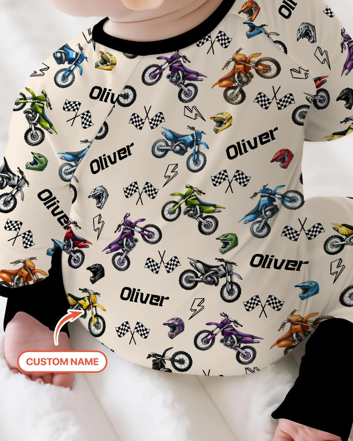 Pijama convertible de bambú con cremallera Little Dirt Bike Rider con nombre personalizado