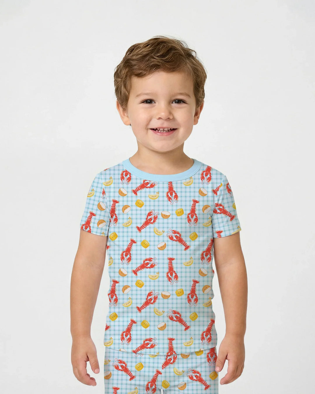 Conjunto de pijama de dos piezas de bambú con mangas cortas, estilo preppy, con estampado de cangrejos de río