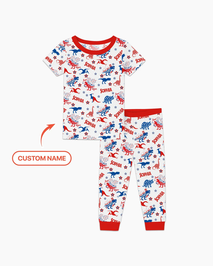 Custom Name Patriotic Dinosaur Bamboo Two Piece Short Sleeve Pajama Set
