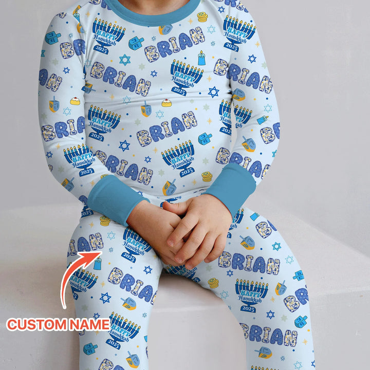 Custom name Happy Hanukkah 2025 Two Piece Long Sleeve Pajama Set