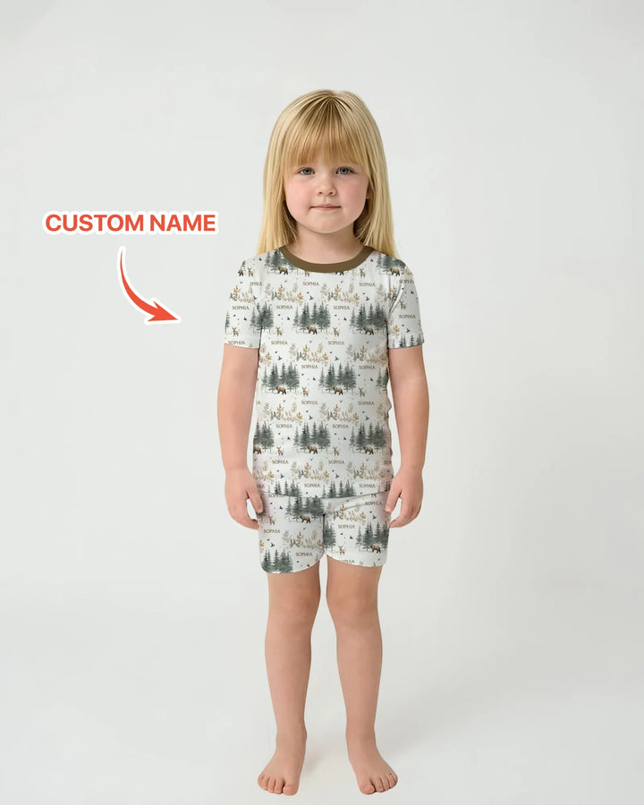 Conjunto de pijama de dos piezas con pantalones cortos y manga corta, oso de bosque, ciervo, bambú, nombre personalizado