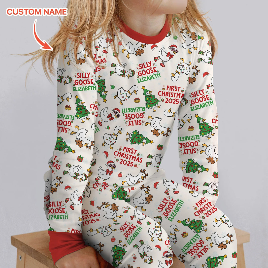 Custom Name "Silly Goose" Two Piece Long Sleeve Pajama Set (Red) , Custom Name "Silly Goose" Two Piece Long Sleeve Pajama Set (Red) - 12-18M